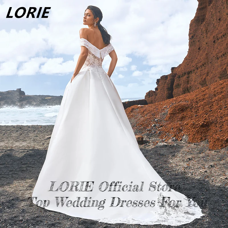 Lorie Sweetheart Off Shoulder Kanten Trouwjurken Korte Mouwen Open Rug Elegante A-Lijn Bruidsjurken 2024 Vestidos De Novia