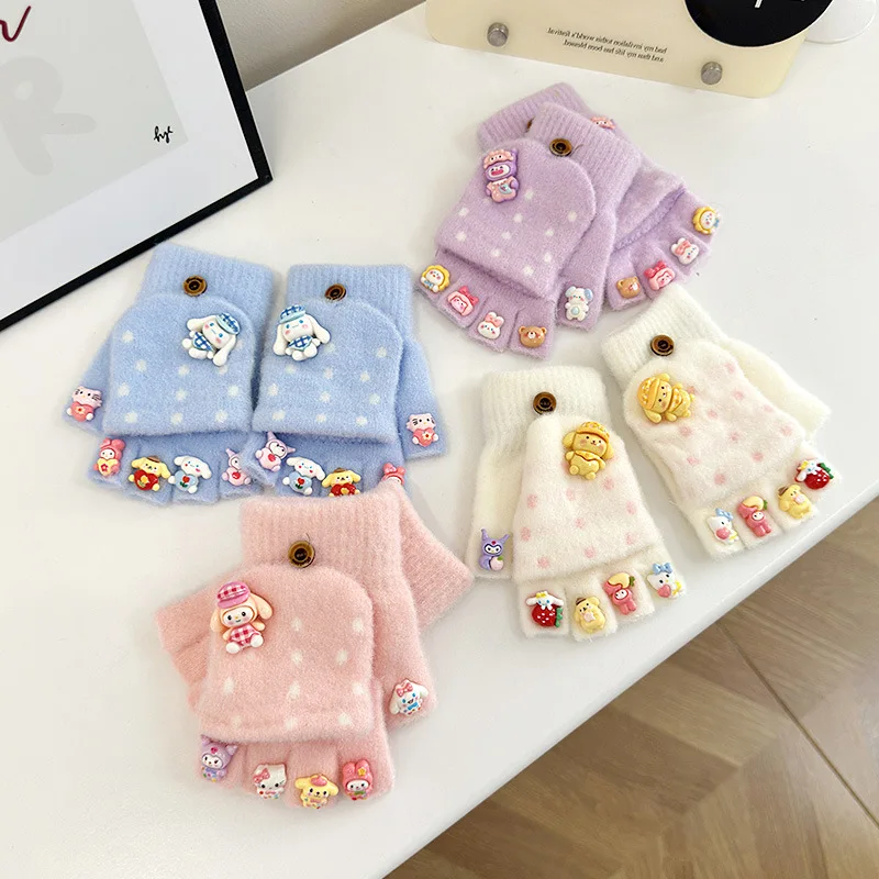 Sanrio children's gloves autumn and winter cartoon warm cute little girl five fingers flip baby cold students writing gloves