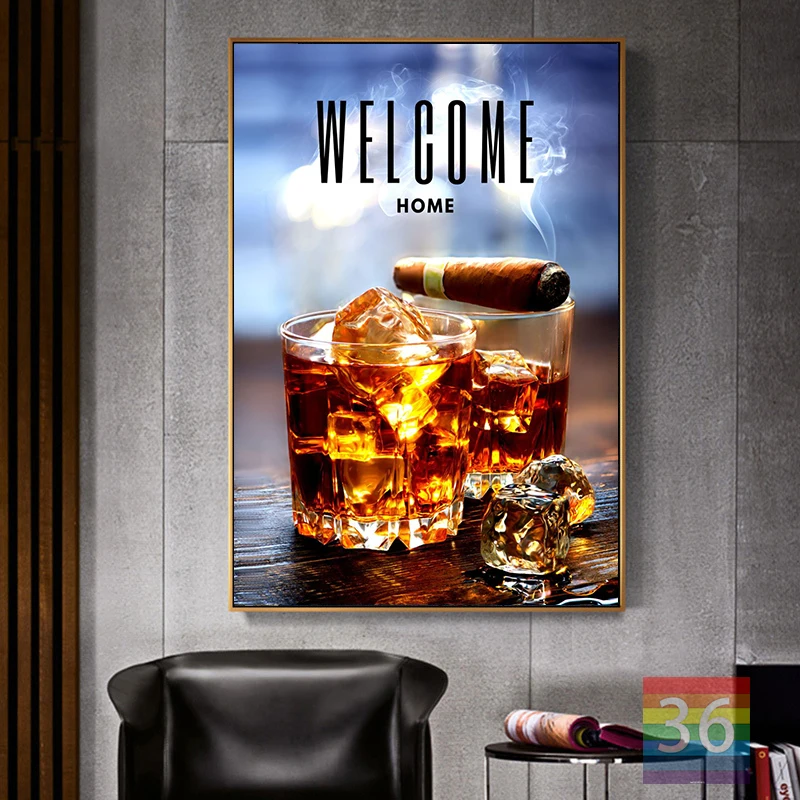 Cigar and Whiskey Poster Canvas Printing Man Cave Wall Art Picture Cigar Lounge Wall Decor Aesthetic Wall Decoration for Bar