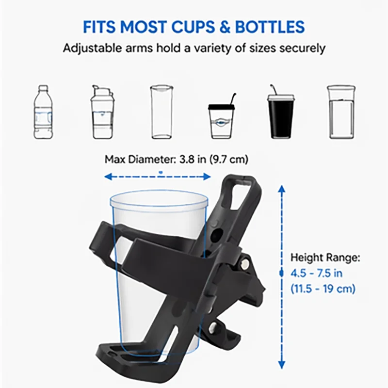 Universal Adjustable Stroller Cup Holder Bottle Holder for Wheelchair Bike Walker Scooter Pushchair 360 Rotating Clamp Mount