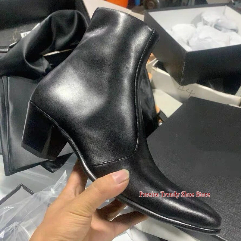 British Style Men's Chelsea Boots Pointy Toe Side Zipper 6CM High Heel Ankle Boots Trend Black Genuine Leather Party Dress Shoes