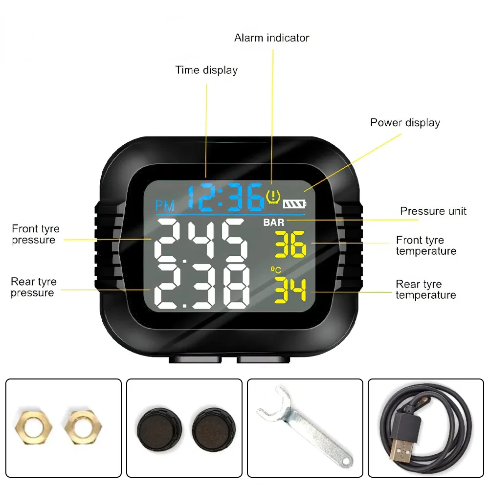 오토바이 TPMS 타이어 압력 모니터링 시스템, 온도 알람, 외부 센서 2 개 포함, 모토 타이어 알람 시스템, 실시간