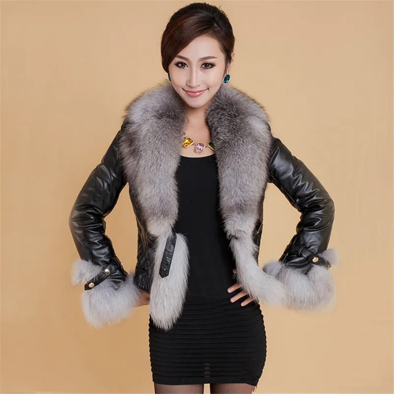 New Winter Leather Jacket Women Coat Faux Fox Fur Collar Short Coat PU Leather Female Jacket Elegant Motorcycle Zipper Outerwear