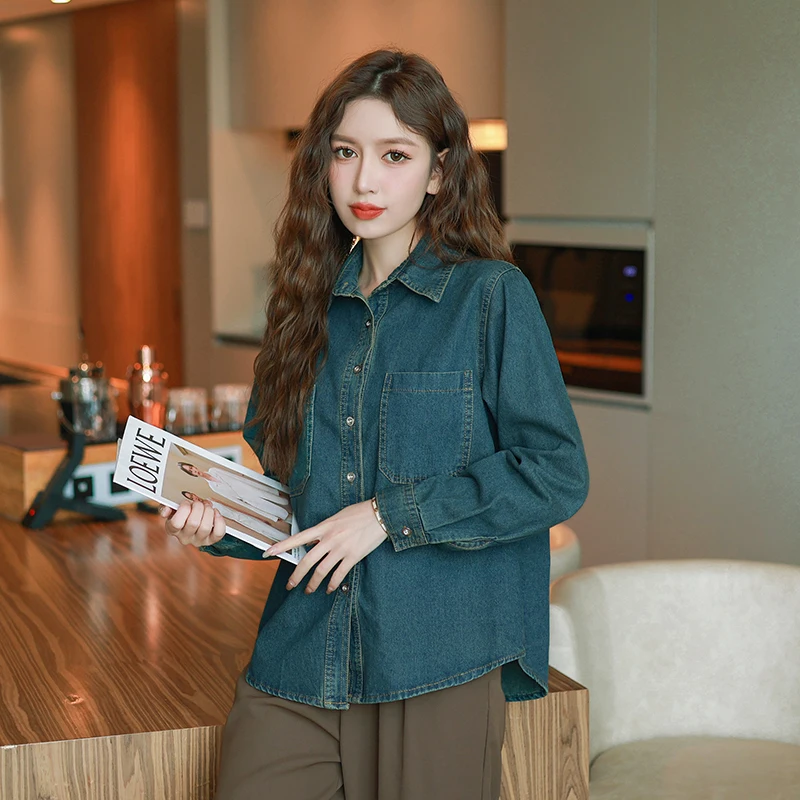 2023 Spring New Vintage Elegant Long Sleeve Soft Denim Shirt Women Simple Skin-friendly Fashion Ladies Jean Tops Cheap Wholesale