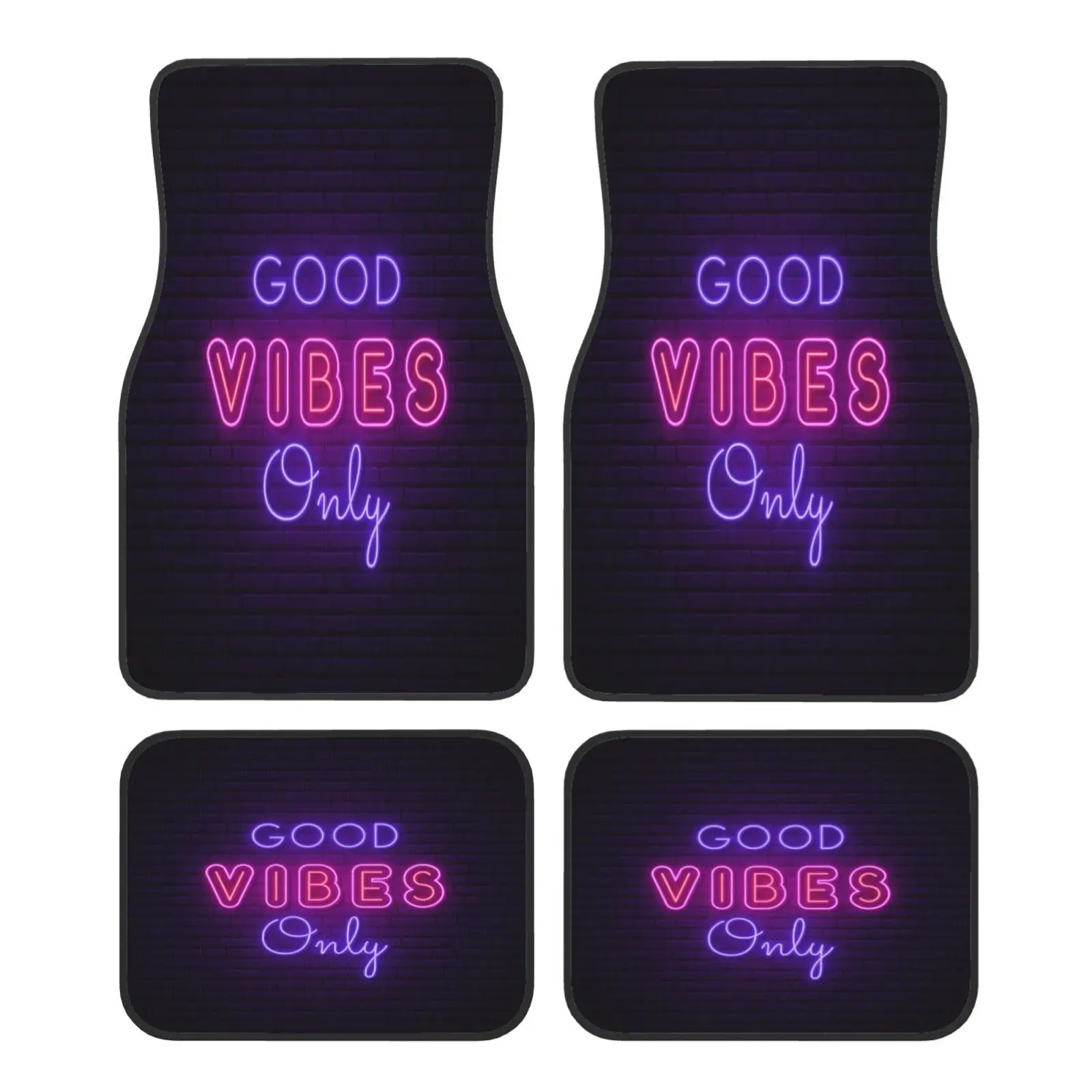 

Hot Sale—Crystal Velvet Car Floor Mats Set Of 4, Neon "Good Vibes Only" Pattern Print, Double-Layer Composite Design, Comfortabl