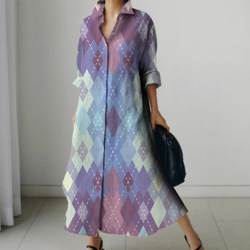 Elegant Loose Stand Collar Shirt Dress Women's Fall Bohemian Stripe Print Cow Spot Maxi Dress Fashion Geometric Long Dresses