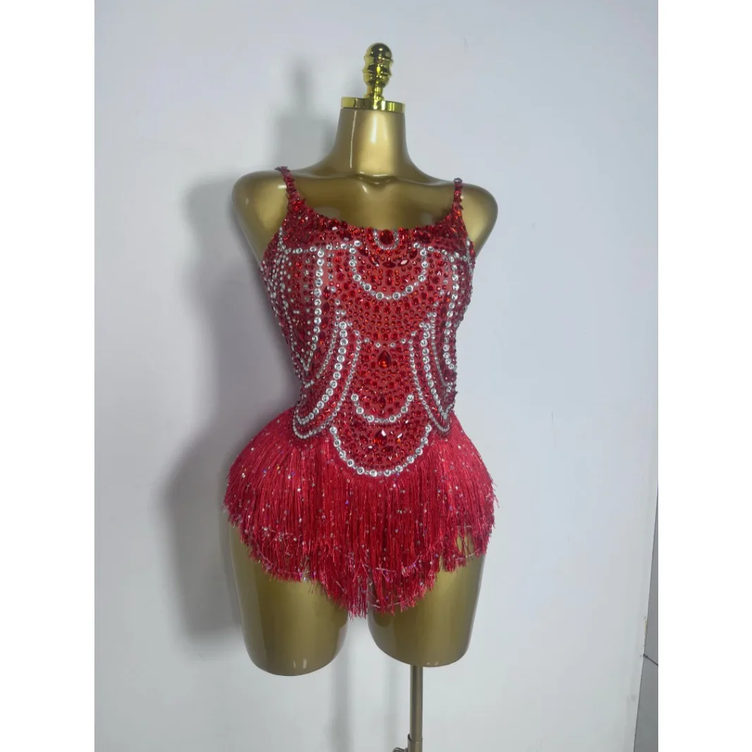 Women Sexy Eveing Birthday Party Nightclub Stage Performance Costume Sparkly Silver Rhinestones Pearl Tassels Bodysuit