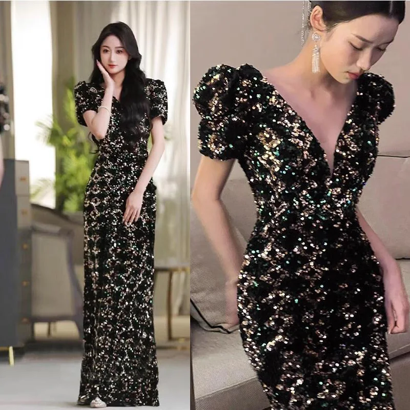 

It's Yiiya Customized Evening Dress Black Sequins V-Neck Short Sleeves Mermaid Zipper Floor-Length Plus size Party Formal Gowns