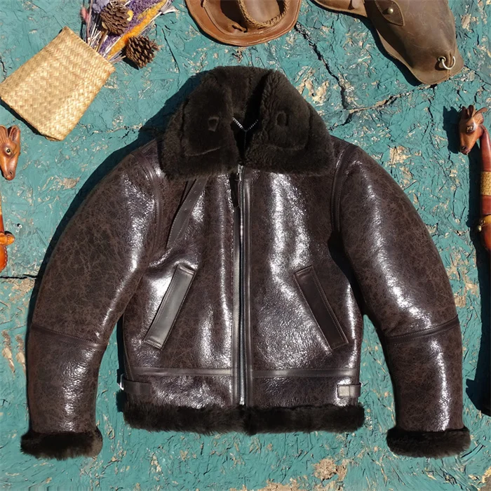 

Thiened 8cm Bla Brown Old Sle Genuine eepskin Leather Jaet Men's B6 Long Sve Warm Zipper Closure Regular Length