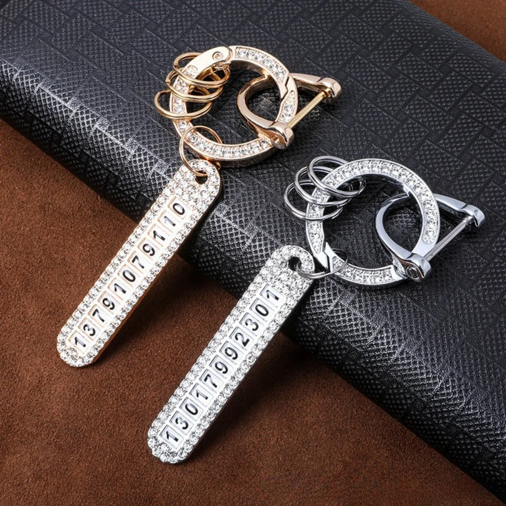 Fashion Rhinestone Phone Number Plate Keychain Screwdriver Anti-lost Metal Keyring for Women Girls Car Handbag Backpack Pendant