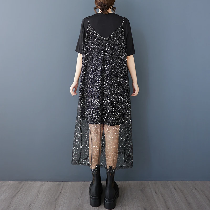 Été nouveau Design ample k Faion argent Me sangle couleur Pure t-shirt deux pièces ensemble jupe Midi boutonné tenues pour femmes