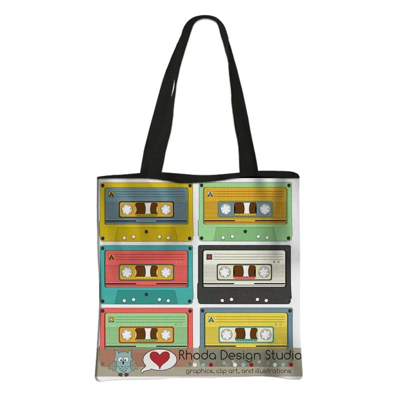 Vintage Cassette Audio Mixtape Magnetic Music Tape Print Handbag 80s 90s Women School Tote Bag Eco Reusable Canvas Shopping Bags