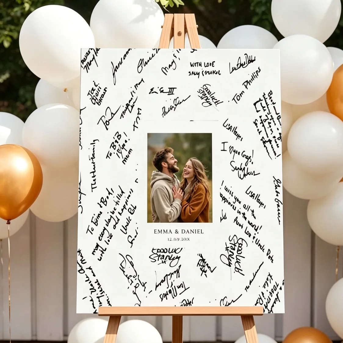 A personalized welcome board for guest sign-ins; the text and photos are customizable, and the blank areas are designed for sign