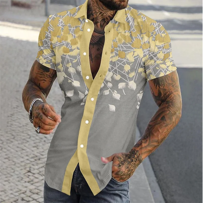 Bloemen Business Casual Heren Bedrukt Shirt Street Work Zomer Revers Korte Mouw Geel 8 Kleuren XS-5XL Snelle Verzending 2024