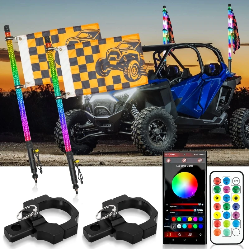 1.9/2.2/2.8/3.8FT RGB LED Whip Lights with Turn Signal&Brake Decorative Lamps Function Bluetooth App Remote Control