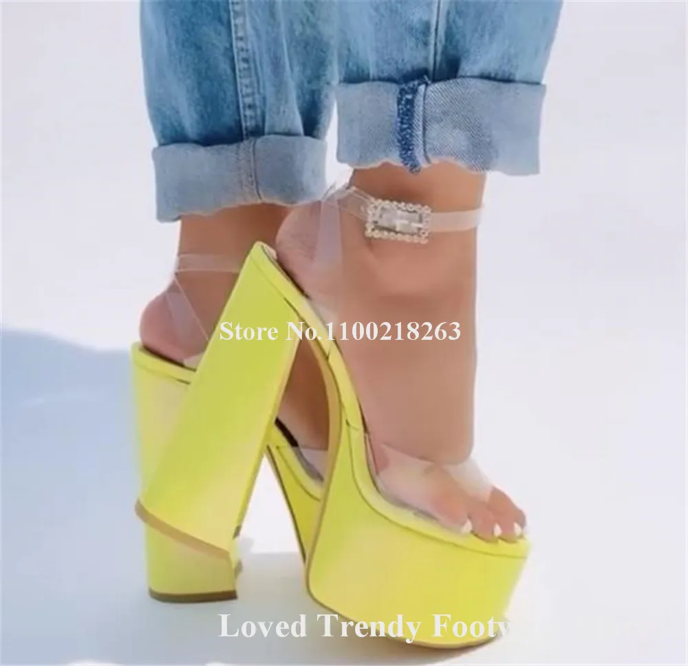 Clear PVC Patchwork Blue Yellow Purple Chunky Heel Sandals Peep Toe Transparent High Platform Thick Heel Dress Shoes Party Heels