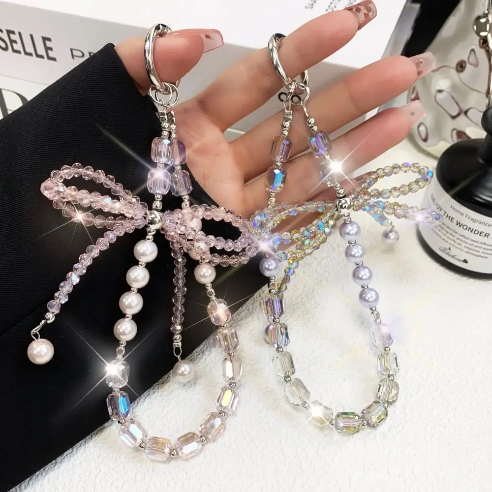 Sweet Crystal Bowknot Mobile Phone Lanyard Hand-beaded DIY Bag Pendant Handmade Phone Charm
