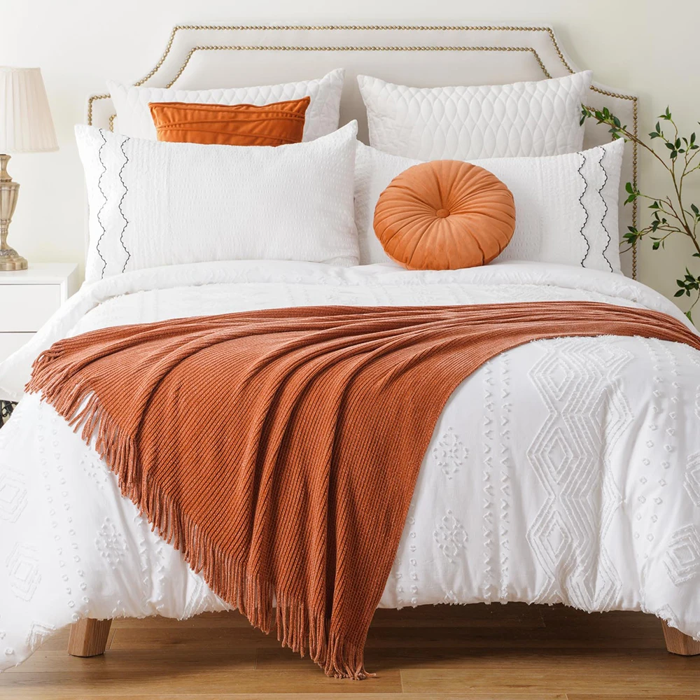 Battilo Chenille Knit Blankets with Tassels Caramel Plaid Throw Blanket for Bed Couch Decorative Sofa Blanket Bedroom Fall Decor