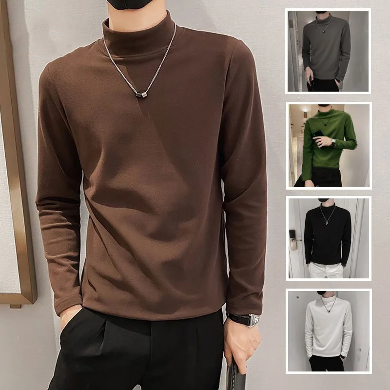 2025 primavera nova camiseta masculina de gola alta manga longa fino ajuste cor sólida alta elástica inferior pulôver básico masculino topo