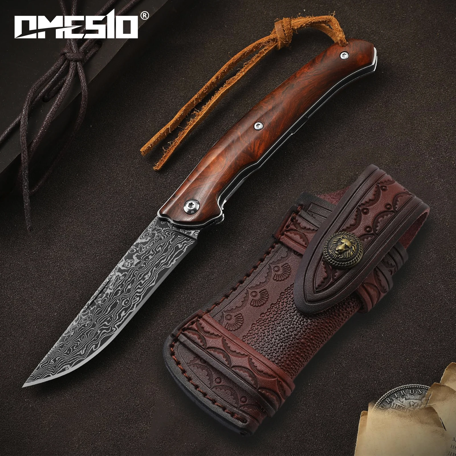 

OMESIO VG-10 Дамасский складной карманный нож, деревянная ручка 3,54 дюйма, кожаный ноутбук, тактический нож EDC для кемпинга, пешего туризма, охоты