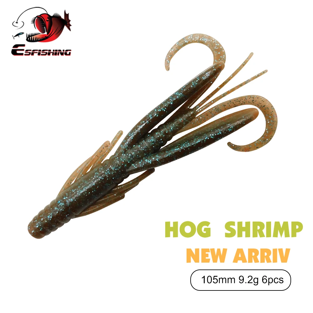 

ESFISHING New Soft Lure Hog Shrimp 105mm 6pcs Silicone Artificial Fishing Baits for Bass perch pike with Salts Tackle