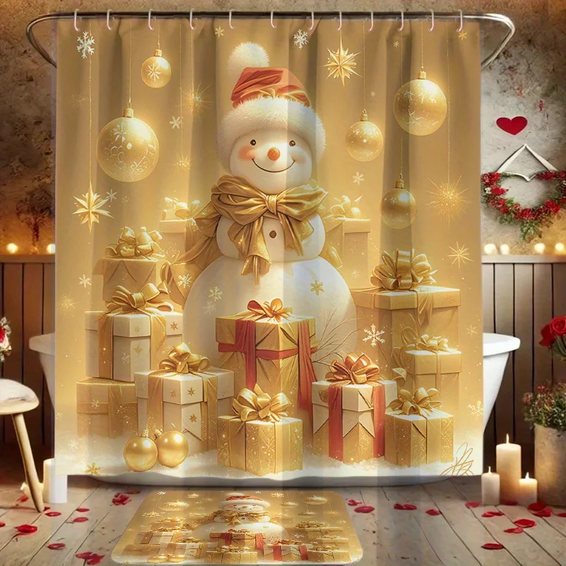 4Pcs Gold Xmas Bath Set, Shower Curtain,Non-Slip Mat, U-Shaped Toilet Cover, 12 Hooks, Holiday Decor, Christmas & Halloween Gift