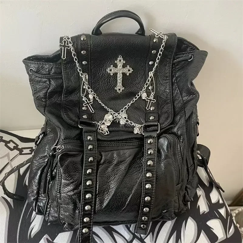 Luxury Bag Y2k Backpacks for Women Black Punk Rivet Chain School Students Bag Pu Leather Cross Skeleton Fashion Female Backpacks