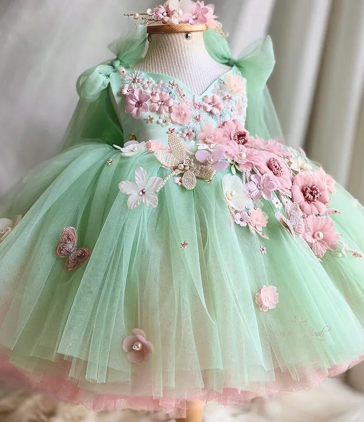 0-12 years old baby first birthday fluffy dress Christmas party blue mesh bow elegant girl princess dress