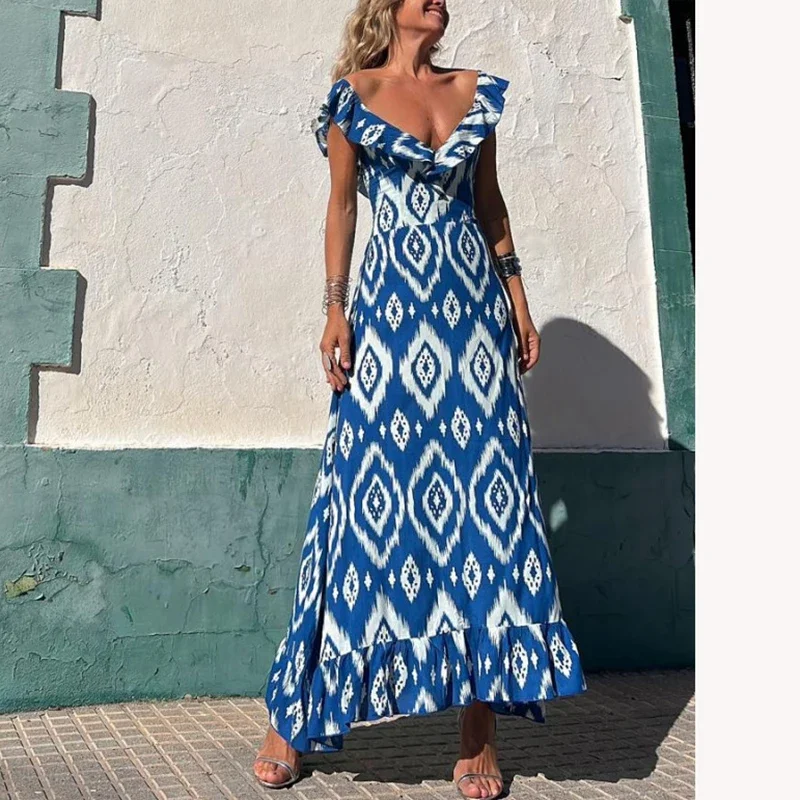 

Women Sexy Tube Tops Ruffles Slim Maxi Dress Casual Summer V-neck Pattern Print Bohe Dress Elegant 2024 Draped Long Dress 2024