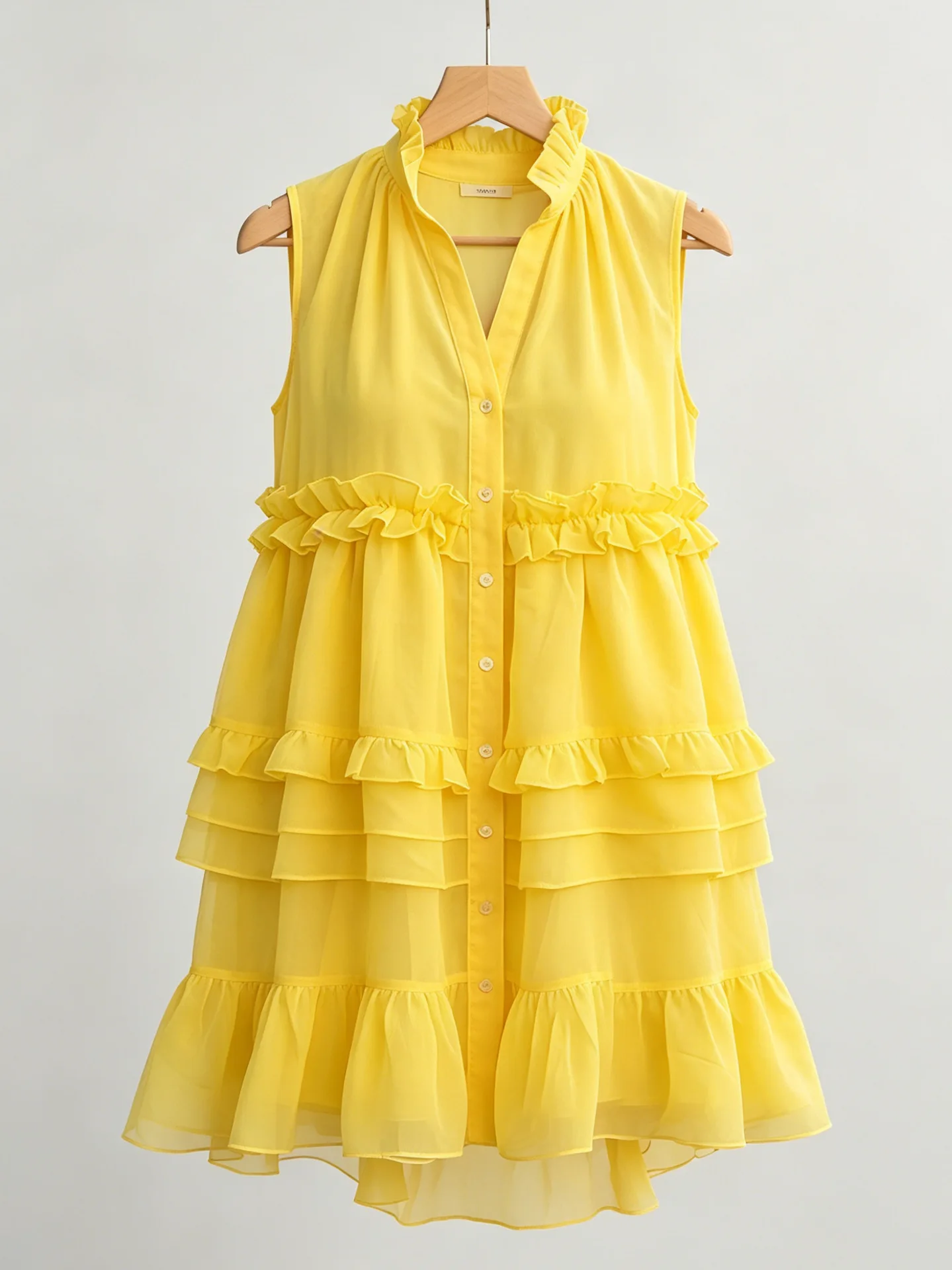 Women Sleeveless Chiffon Mini Dress Ruffle Stand Collar Button Tiered Ruffle Hem Loose Dresses Summer Vacation Casual Sundress