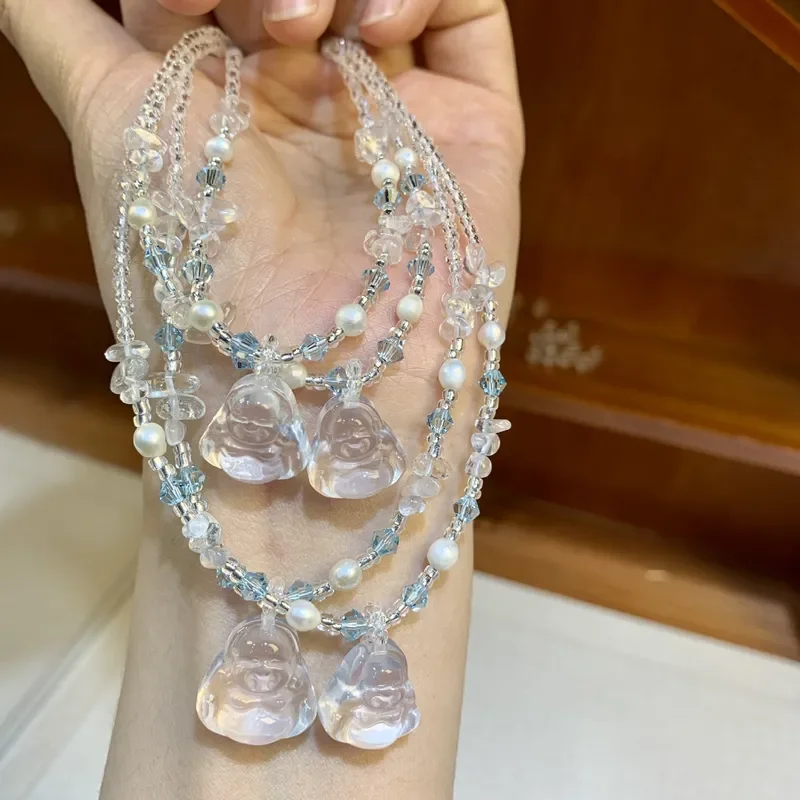 White Crystal Buddha Gong Transparent Laughing Buddha Necklace Pendant Jewelry Wholesale Fresh Beaded White Crystal Buddha