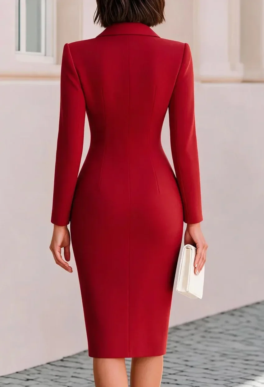 Elegantes Damen-Midikleid mit V-Ausschnitt, Blazer-Stil, Langarm, Wickeldesign, Ein-Knopf-Bodycon-Kleid – Detail 9