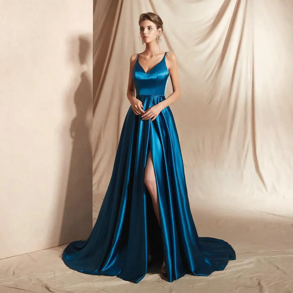 

Satin Prom Dresses Spaghetti Strap V Neck High Slit A Line Sweep Train Formal Evening Gown Wedding Party Dress