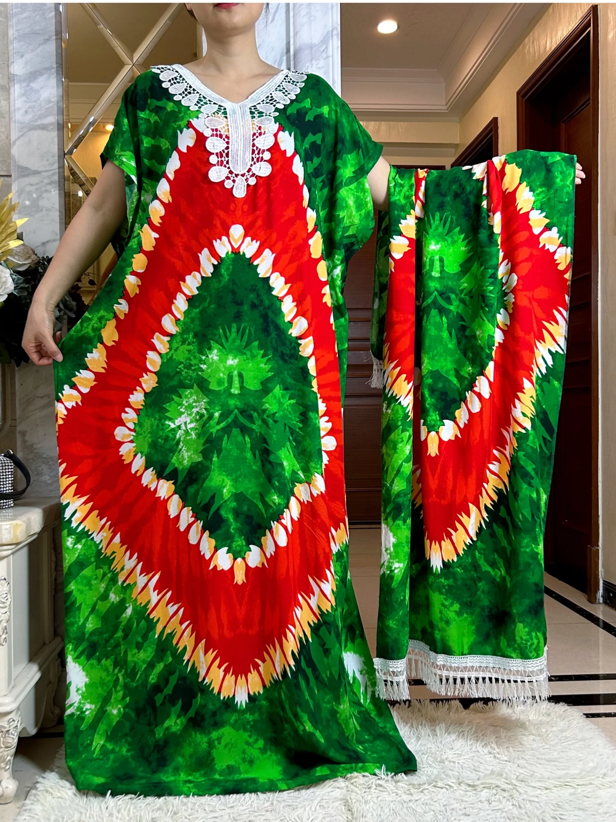 

2024 New African Women Dashiki 100% Cotton Floral Dress Printed Tie-dry Short Sleeve Maxi Loose African Elegant Abaya