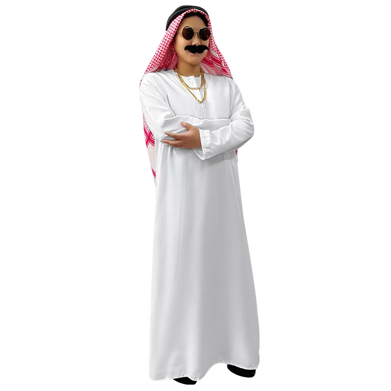 

Middle East White Robe Arab Costume with Hijab Gold Accessory Set Cosplay Dubai Rich Men and Women UAE Costumes S-XXXL