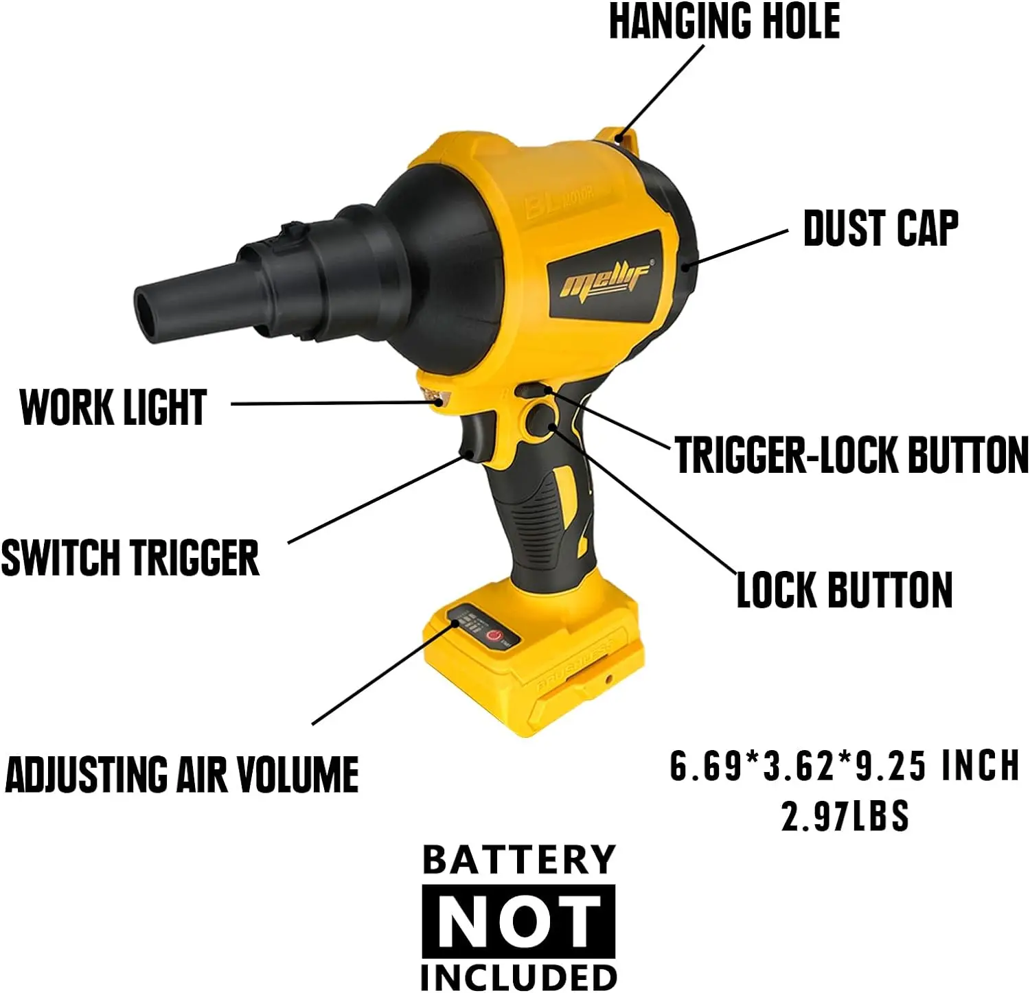 Espanador de ar comprimido de alto volume Mellif compatível com Dewalt 18v 20V para bateria Makita 18v (sem bateria) com luz LED