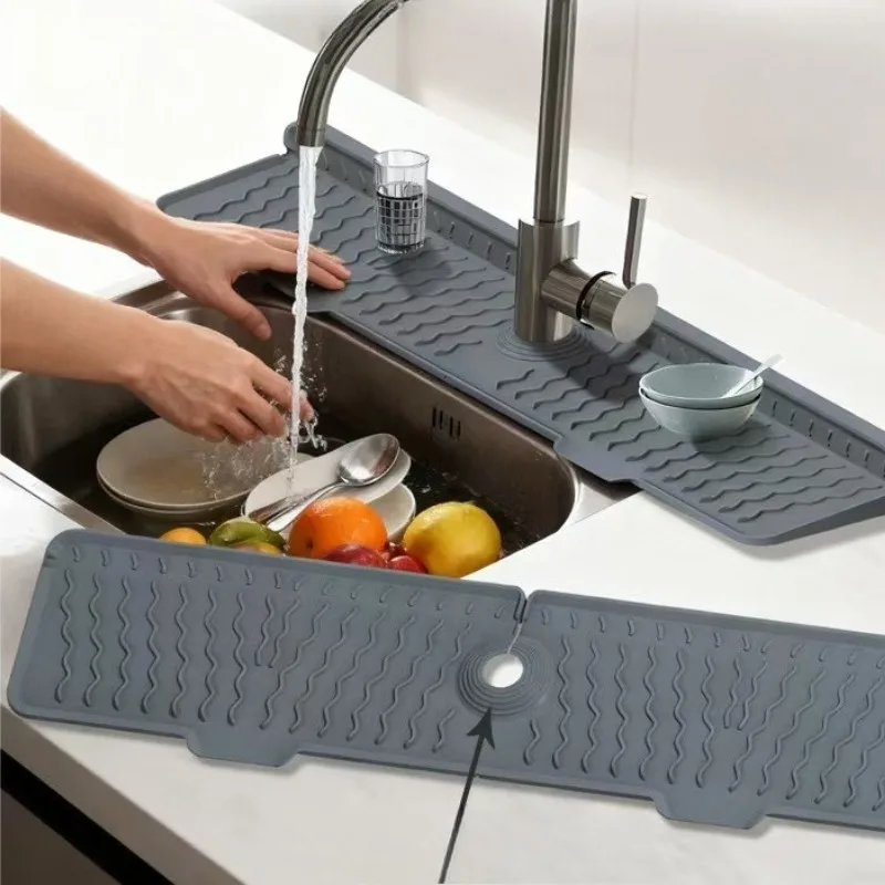 Food Grade Cuttable Silicone Faucet Draining Mat Thickened Sloped Anti Splash Pad for Kitchen Sink Countertop Water Protection