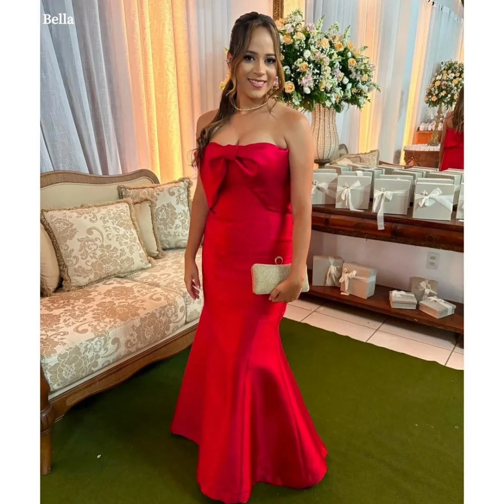 

Bella Customized Red Bow Strapless Sleeveless robes de soirée Mermaid Satin Sleeveless Party Dresses Floor-Length Prom Dress
