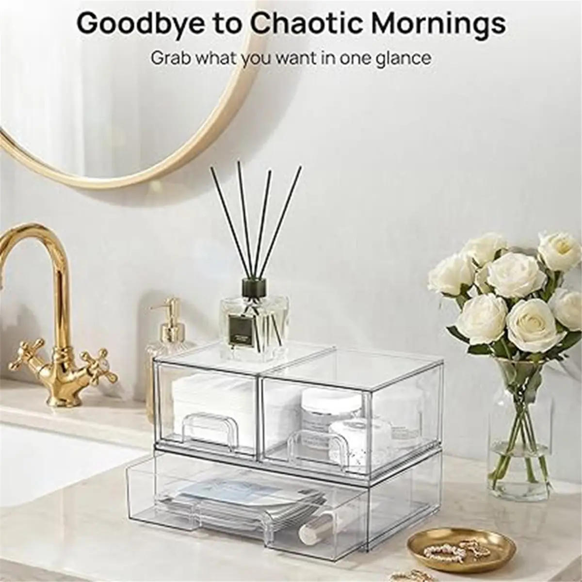 Stackable Clear Plastic Storage Drawers Set of 3, Cosmetic Makeup Organizer Bins for Vanity Bathroom Cabinet Pantry