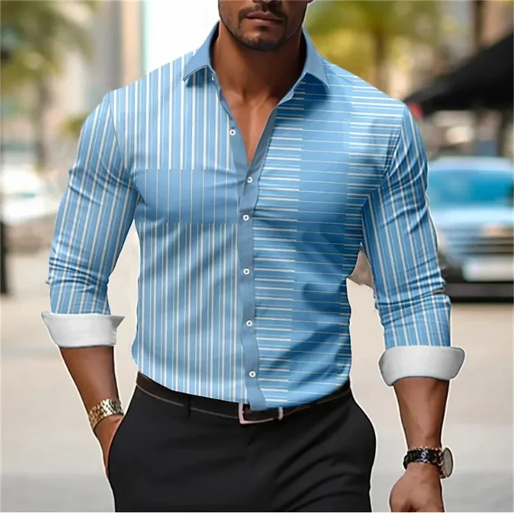 

2024 New Men's Long sleeved Polo Neck Button Up Shirt Vintage Stripe Printed Shirt Soft and Comfortable Designer Top s-6XL