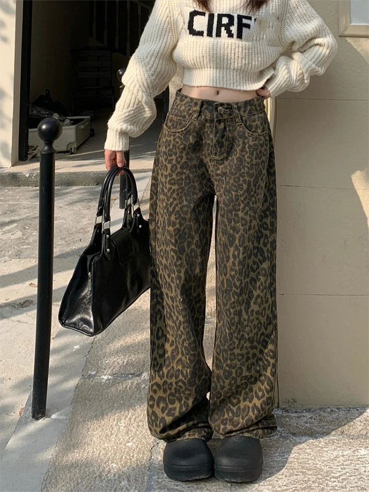 

Leopard Print Y2K Harajuku Loose Pants Wide Leg Kpop Brown Autumn Casual Pant Spring High Waist Aesthetic Trousers Free Shipping