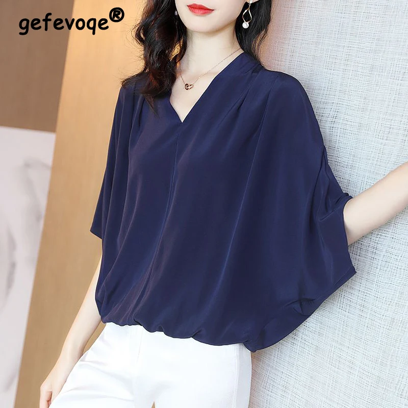 

Summer 2023 Temperament Casual Fashion Batwing Sleeve Shirt Women's V-neck Loose All-match Chiffon Blouse Tops Female Clothes