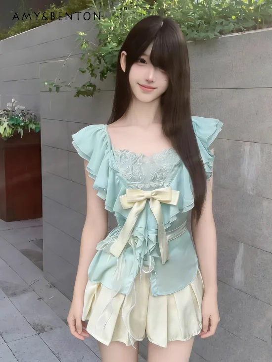 

2026 Summer New Women's Japanese Retro Style Girlish Mint Green Cardigan Blue Inner Vest Beige Short Skirt 3 Piece Set