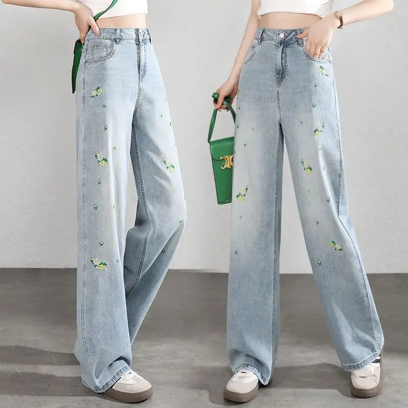 

Весна/лето 202, новые эластичные джинсы с вышивкой для тяжелой промышленности, женские узкие широкие брюки с высокой талией, женские брюки