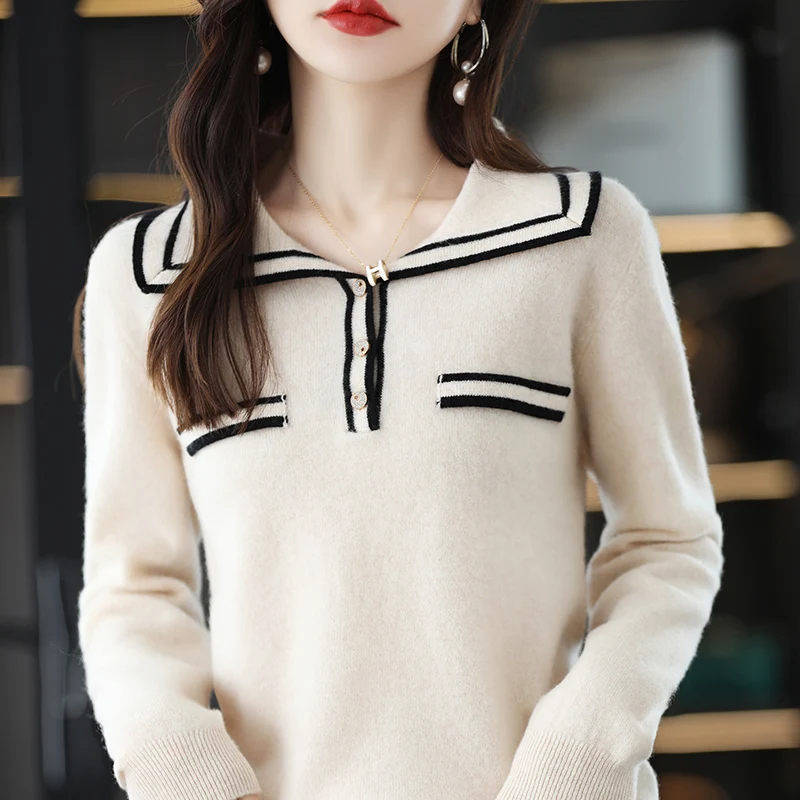 Pure Wool Knit Sweater Women\'s 2022 Spring Autumn New Chic Navy Collar Loose Knitted Pullover Fashionable Bottoming Ladies Top