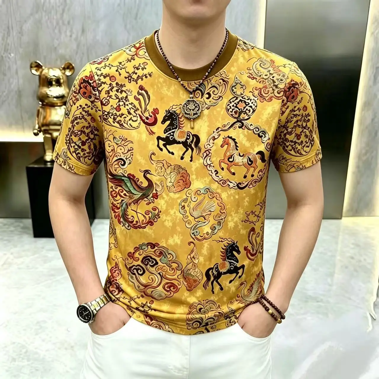 Chinese Elements Print T Shirt For Men Short Sleeved Breathable Summer Quality Polyester Blends Cool Feeling Camisetas De Hombre