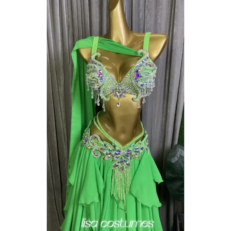 Customized Green Belly Dance Costume Oriental Dance Clothing Women Bra Skirt Belt Performance Dress