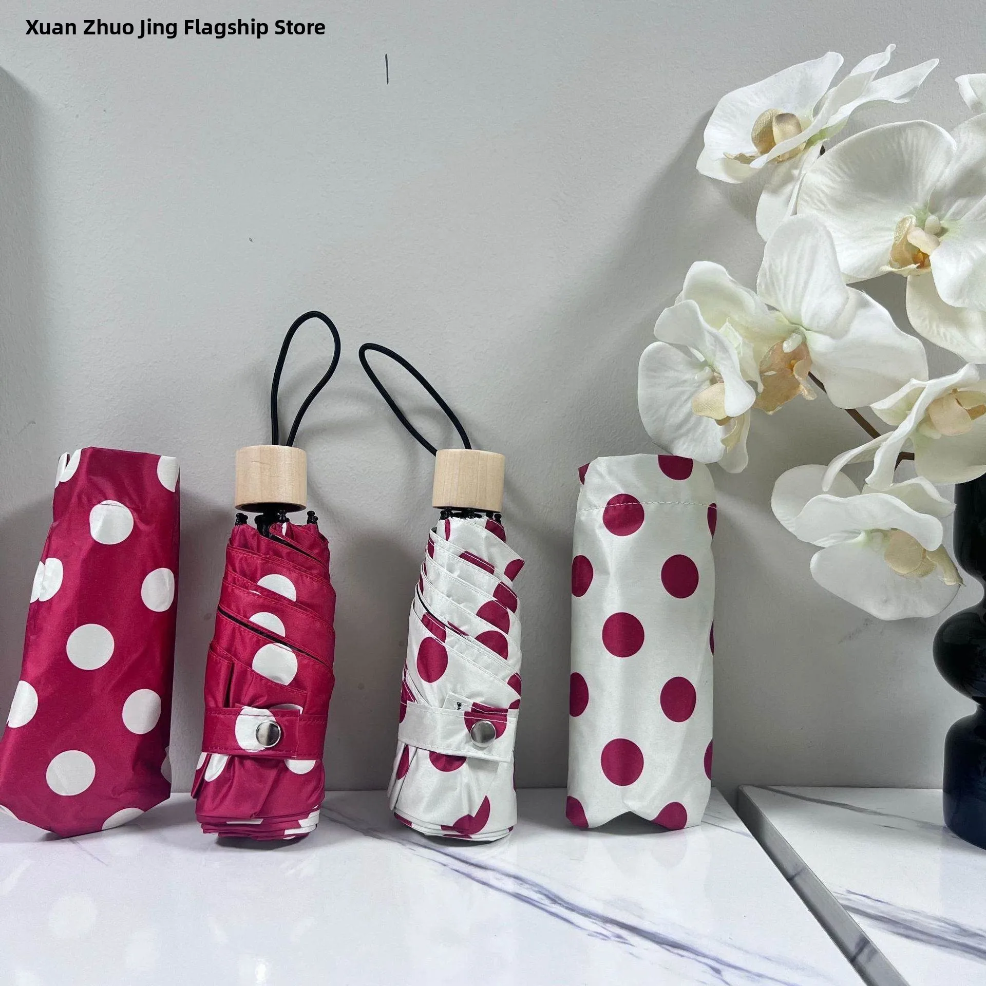 

Ретро-зонт с крупными красными горошками, пятислойный, механический, от солнца и дождя, портативный, для защиты от солнца, для студентов