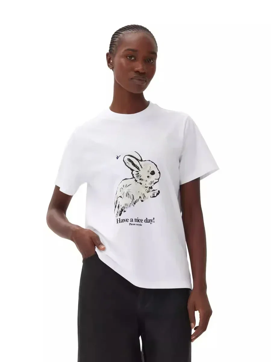 France 24 Spring/summer Small Animal Series Rabbit Print Youth Casual Top Round Neck Short Sleeve T-shirt