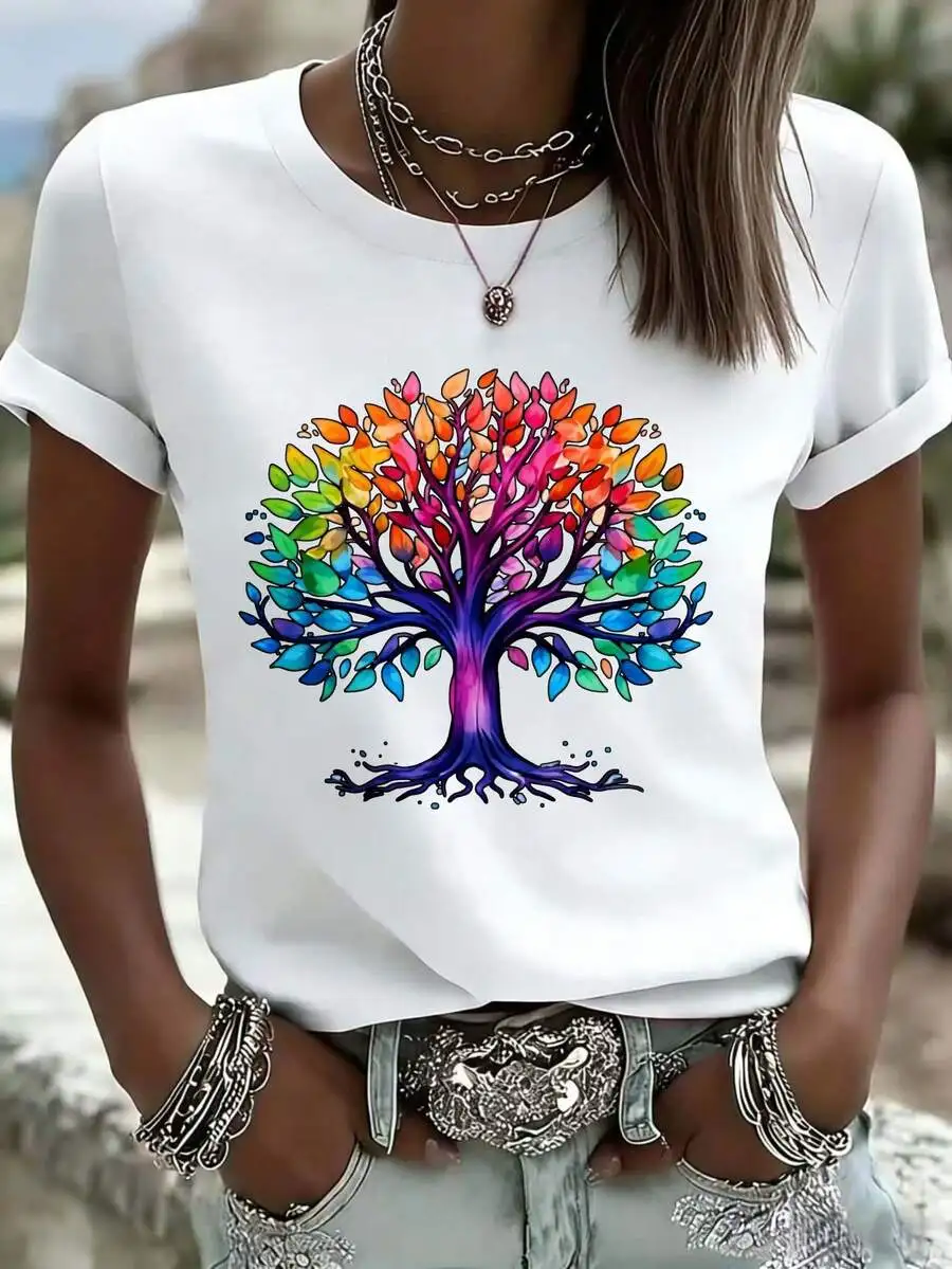 

Colorful Tree Of Life Graphic T-Shirt Boho Style Women White Short Sleeve Top